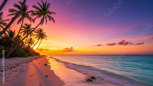 Tropical beach paradise at sunset with palm trees and gentle waves on white sand showcasing