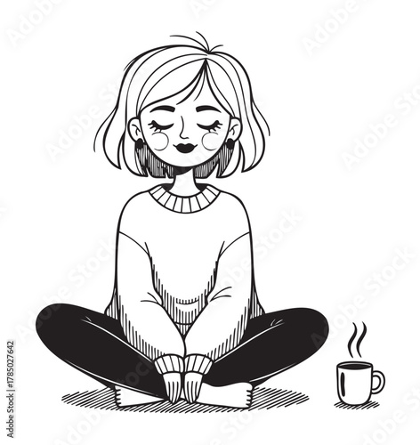 Black and white drawing of a young caucasian female sitting cross-legged with eyes closed, next to a steaming cup.