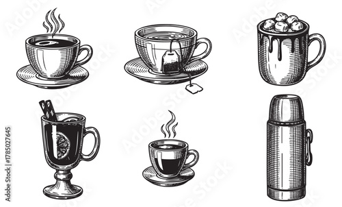 Vintage-style black outline drawings of hot beverages in various containers including cups, mugs, and a thermos, showcasing steam and garnishes.