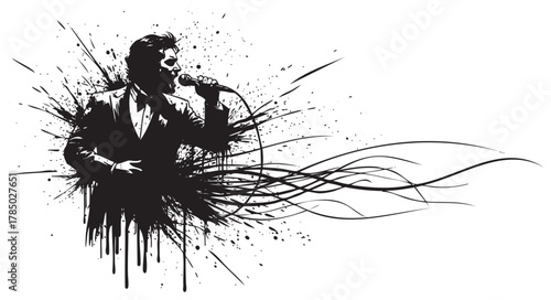 Monochrome silhouette of a male singer in a suit passionately performing with a microphone, surrounded by dynamic ink splatters and abstract wave lines.