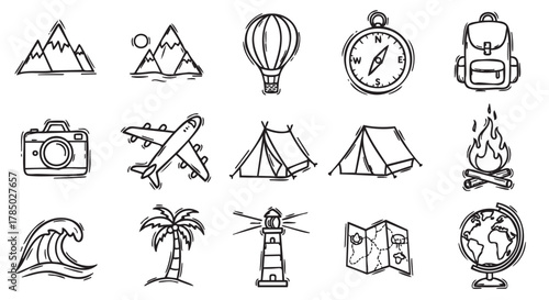 Collection of black outline icons depicting outdoor activities, including a tent, hot air balloon, and camping equipment, illustrating concepts of travel and adventure.
