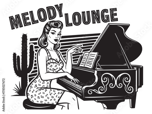 Retro-style illustration of a young caucasian female pianist at a grand piano with a desert backdrop, showcasing a vintage lounge atmosphere.