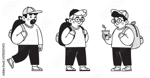 Three young caucasian males with backpacks, dressed casually in sweaters, pants, and sneakers, engage in various activities, with one holding a drink cup.