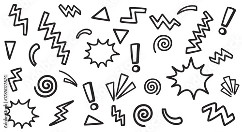 A collection of black outline abstract shapes including zigzags, triangles, spirals, and exclamation marks on a white background.