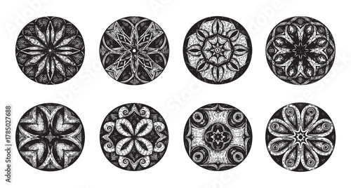Eight intricately detailed, black circular ornaments with diverse symmetrical patterns, resembling mandalas, each circle featuring unique artistic designs.
