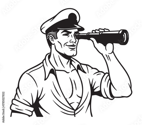 Black and white illustration of a muscular male sailor wearing a hat and holding a telescope, gazing into the distance with a confident expression.