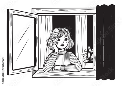 Black and white illustration of a woman with short hair gazing thoughtfully out of an open window beside a potted plant.