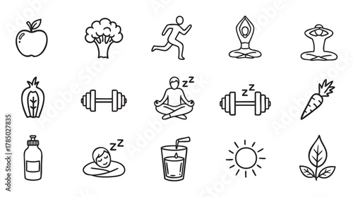 Collection of black outline icons depicting healthy lifestyle activities and elements, including exercise, meditation, nutrition, hydration, and relaxation.