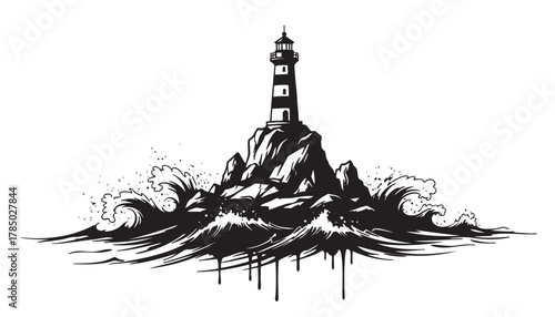 Black and white artistic depiction of a lighthouse towering over rocky cliffs amidst crashing ocean waves, highlighting the interaction of structure and nature.