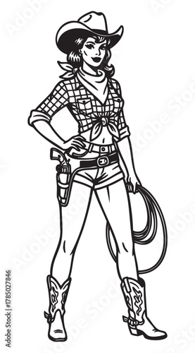 Female caucasian cowgirl in checkered shirt and shorts, holding a lasso with a confident pose, wearing a hat, boots, and gun holster.