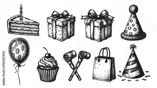 Hand-drawn black ink illustrations of a cake slice, gift boxes, party hats, balloon, cupcake, noise makers, and a shopping bag for celebration themes.