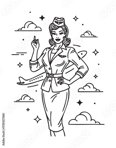 Female flight attendant wearing vintage uniform gestures confidently, surrounded by airplane icon and cloud illustrations, capturing a retro aviation theme.