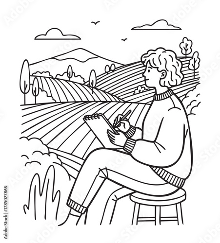 Young caucasian female artist sitting on a stool in a field, sketching the scenic landscape of hills, trees, and clouds.