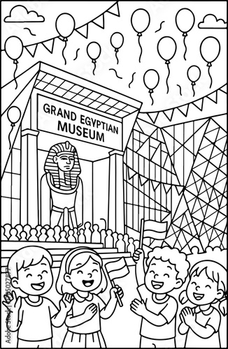 hand drawn vector illustration of Grand Egyptian Museum coloring page for kids