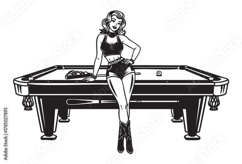 Retro-style black-and-white illustration of a woman in vintage attire leaning against a billiards table.