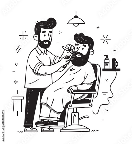 Two caucasian adult males in a barbershop setting, one giving the other a beard trim while sitting in a barber chair, surrounded by grooming tools.