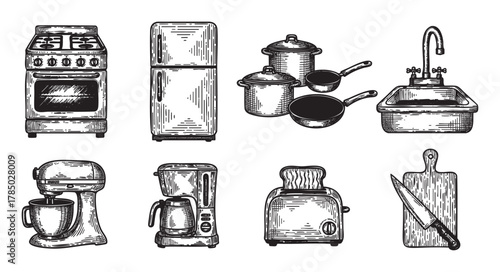 Vintage-style black and white illustrations of kitchen appliances including a stove, refrigerator, cookware set, sink with faucet, mixer, coffee maker, toaster, and chopping board with knife.