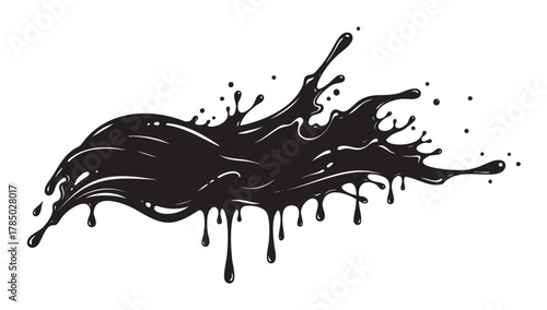 Black ink splatter with dynamic splash and drips spreading in various directions, creating an artistic and abstract effect.