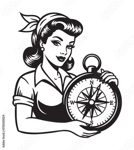 Black and white illustration of a young caucasian female holding a large compass, styled as a vintage pin-up with detailed features.