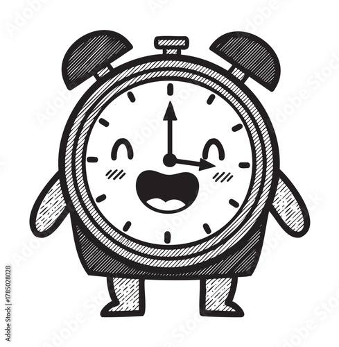 Cheerful cartoon clock character with a smiling face and two bells positioned like ears, displaying the time at three o'clock.