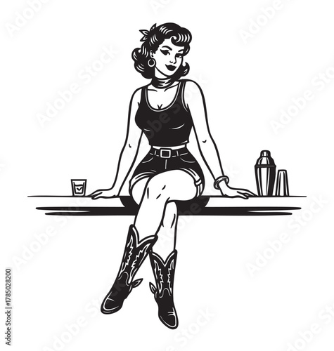 Black and white illustration of a young caucasian female seated on a countertop, wearing stylish boots and casual attire, with a cocktail shaker and glass nearby.