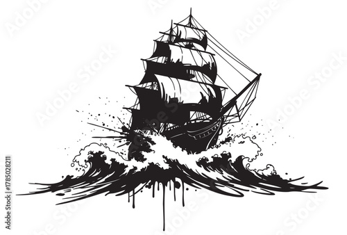 Black silhouette of a majestic sailing ship with full sails navigating through turbulent waves, symbolizing adventure and exploration.