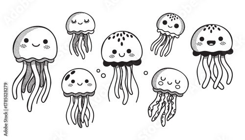 A collection of cute, cartoon-style jellyfish with smiling faces and varied patterns on their bodies, floating in different poses.