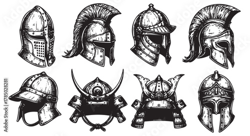 Eight intricately detailed black and white sketches of various historical helmets, showcasing diverse designs and periods.