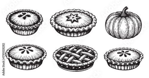 Black and white vintage-style engraving of various pies and a pumpkin, showcasing detailed crust designs and intricate patterns.