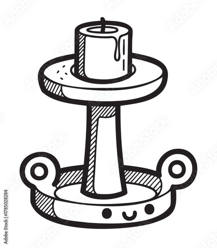 Black and white doodle of a whimsical candle holder with a smiling base and a lit candle, conveying a playful and artistic style.