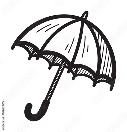Black hand-drawn outline of an open umbrella with a curved handle and detailed canopy ribs, representing a classic rainy day accessory.
