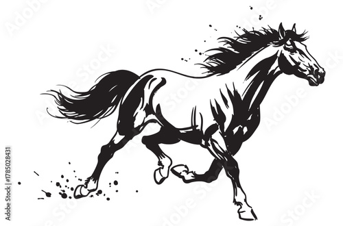 Black outline vector illustration of a galloping horse with dynamic motion lines and splattered details.