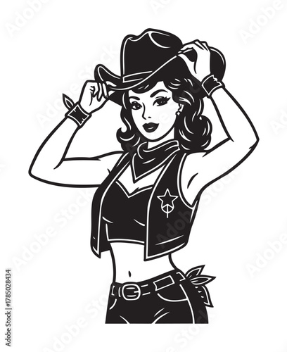 Black and white vector illustration of a young caucasian female wearing a cowboy hat and western attire, including a sleeveless vest and bandana.