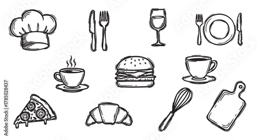 Hand-drawn food and kitchen utensils illustration featuring a burger, pizza slice, croissant, two cups, wine glass, chef's hat, cutlery, whisk, and cutting board.