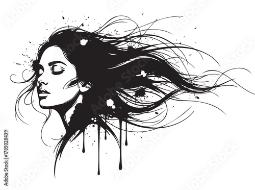 Black ink sketch of a young female with long, flowing hair adorned with paint splatters, captured in artistic style.
