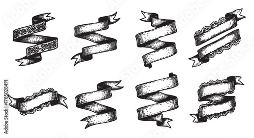 Black and white illustration of seven vintage curled ribbons with intricate patterns, showcasing a variety of decorative styles and lace embellishments.