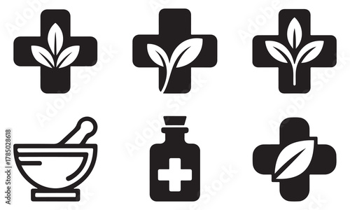 Herbal Medicine Icon Set for Natural Health and Organic Pharmacy Design
