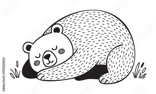Black and white illustration of a cute sleeping bear with closed eyes, surrounded by simple grass elements.