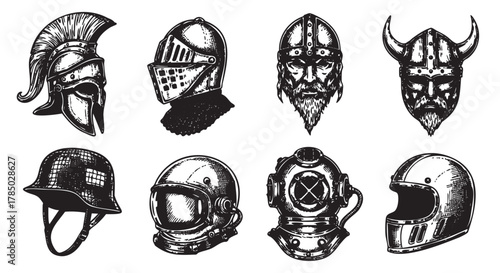 Black and white illustrations of various helmets including a roman helmet, medieval knight helmet, viking helmets, military helmet, astronaut helmet, and a deep-sea diving helmet.
