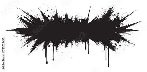 Abstract black ink splash with drips and splatters on a clean white background, creating a dynamic and edgy visual effect.