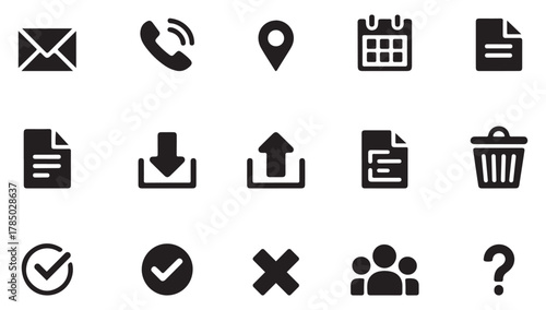 Basic Office UI Icon Set – Email, Phone, Calendar, File, Upload, Download, Trash, User, Check, Cross Vector Collection