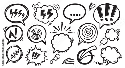 Hand-drawn comic-style speech and thought bubbles with various expressions, including exclamations and swirls, in black on a white background.