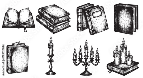 Vintage-style black and white illustrations of an open book, stacked books, a candlestick, a candelabra, and several books with candles on top.