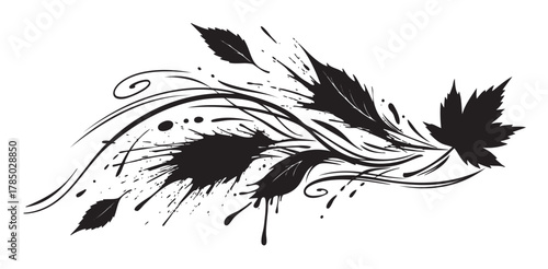 Black ink splatter with swirling lines and leaf shapes, creating a dynamic and abstract design on a white background.