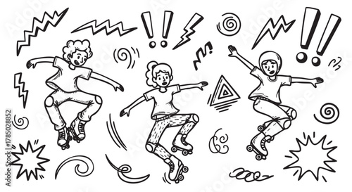 Three young females roller skating with dynamic poses, surrounded by abstract shapes and symbols indicating motion and excitement.
