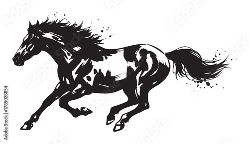 Black silhouette of a galloping horse with a dynamic flowing mane and tail, depicted in a splash ink style.