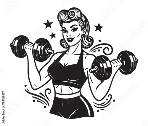 Black and white retro-style illustration of a young caucasian female lifting dumbbells, showcasing strength and fitness with decorative elements and stars.