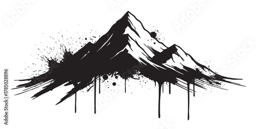Black ink splatter art portraying a stylized mountain range with dramatic peaks and dynamic splash elements.