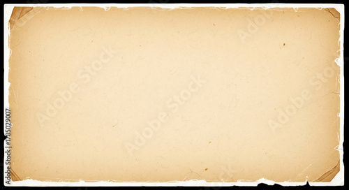 A close up of a rectangular piece of aged parchment paper with torn edges and a black background