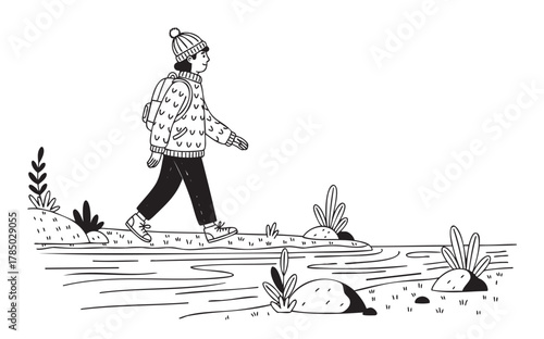 Black and white illustration of a young caucasian male walking by a riverbank with plants, wearing a knit hat, sweater, and backpack.